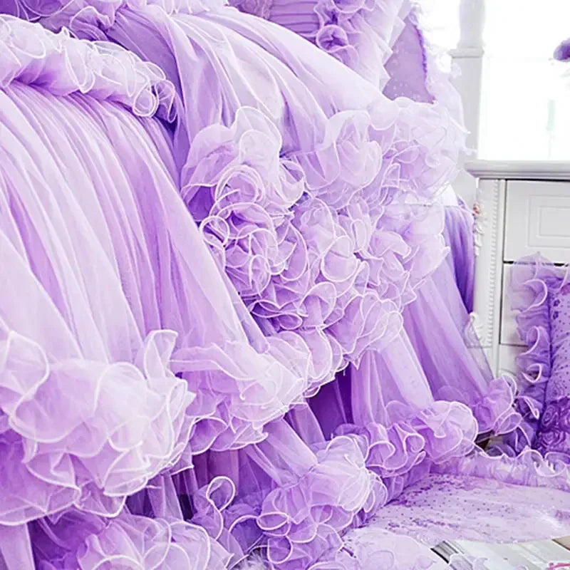 Pink Jacquard Satin Bedspread Bedding Set Luxury Princess Wedding Bed Set Lace Ruffle Duvet Cover Bed Skirt Pillowcases Cotton