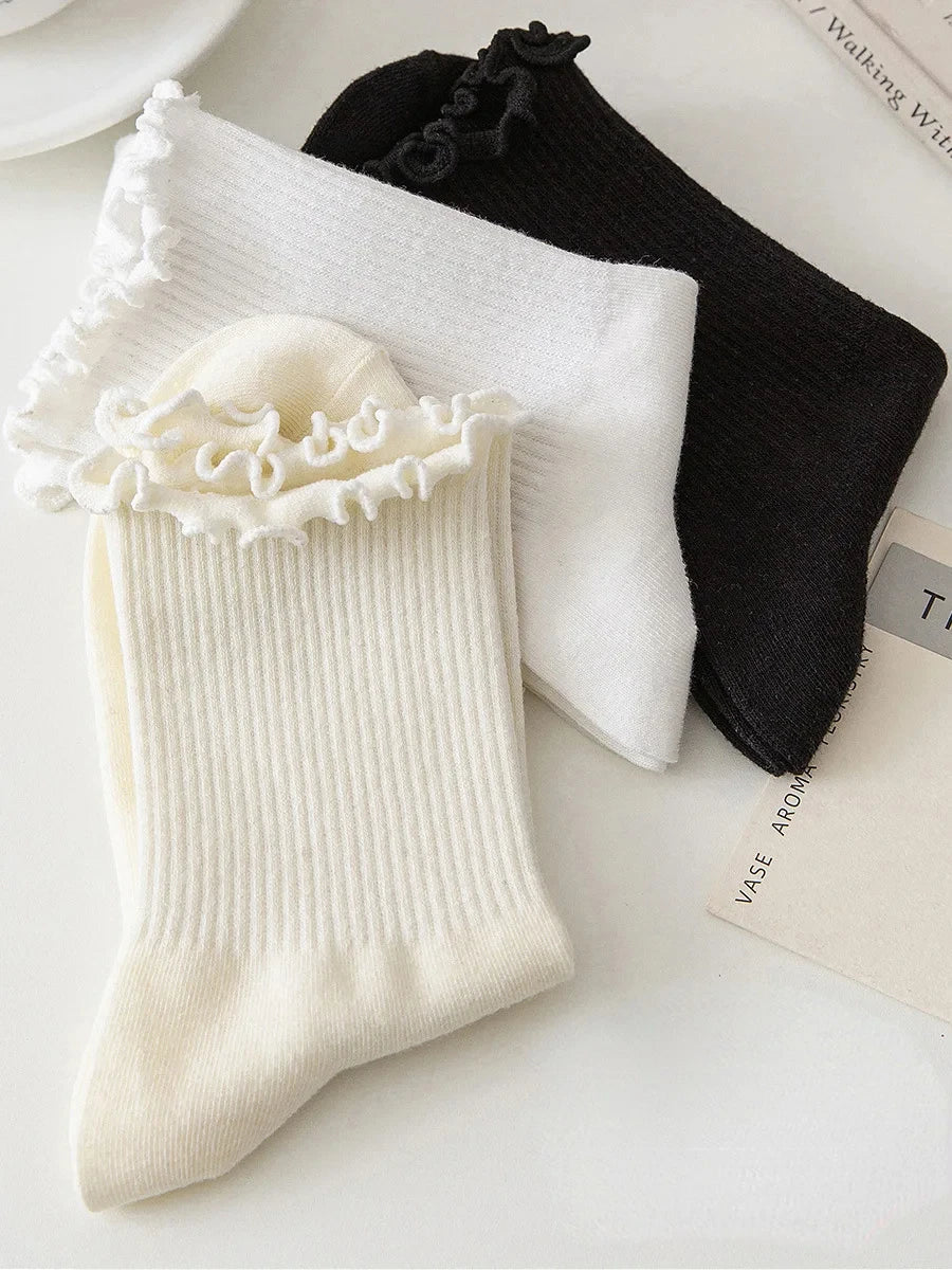 Pairs Lot Socks for Women Ruffle Middle Tube Ankle Short Breathable Black White Set Spring Autumn