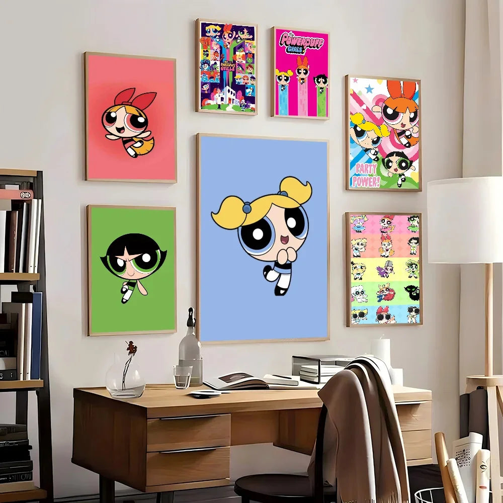 Cartoon P-Powerpuff Girls Poster Self-adhesive Art Waterproof Paper Sticker Wall Decoration