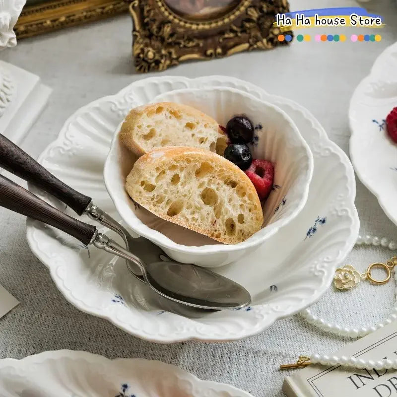 Ceramic Floral Bowl Dish Set Oval Plate New French Medieval High-end Cup Dish Set