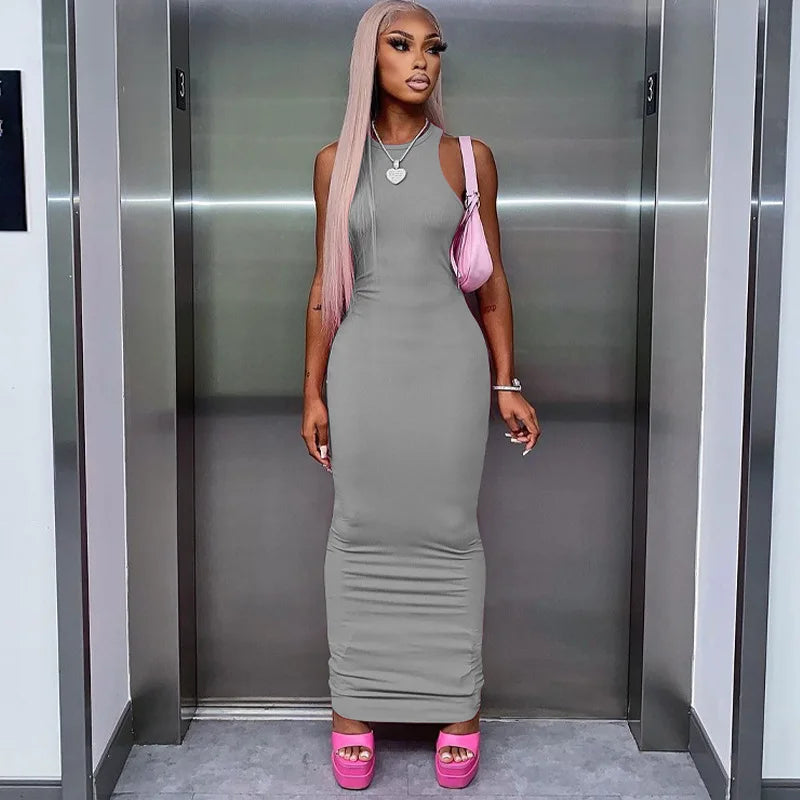 Ribbed Sexy Y2K Clothes Sleeveless Bodycon Maxi Dresses For Women Club Birthday Party Streetwear Elegant Outfits