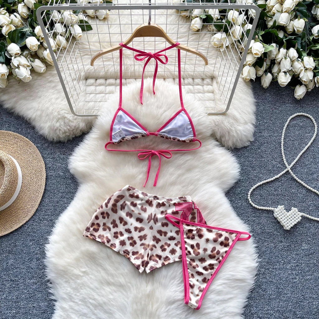 Leopard Bikini Hotsweet Three Piece Set Halter Bra+Slim Shorts+Mini Briefs Women Lace-Up Backless Sexy Suits