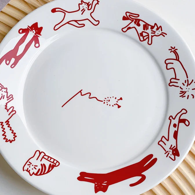 Cute Cat and Dog Ceramic Dessert Plate Cake Western Flat Plate Pasta Fruit Disc Dinner Set Plates and Dishes