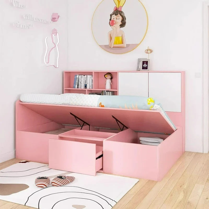 Girl Pink Princess Big Frame, Bedside Bookshelf Bed Integrated With Drawers Storage