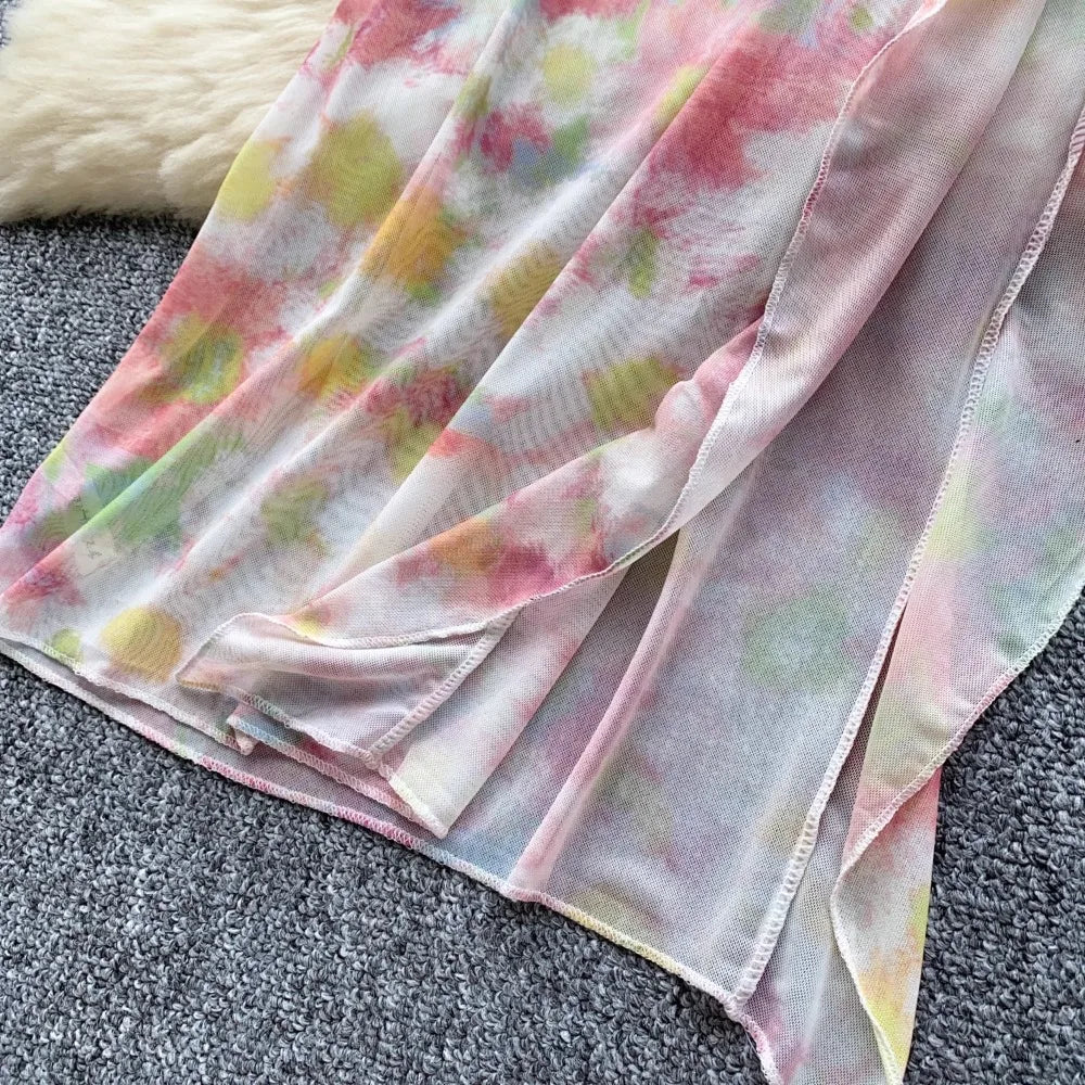 Flower Strapless Halter Tank Top and Split Ribbon Skirt Two Piece Set