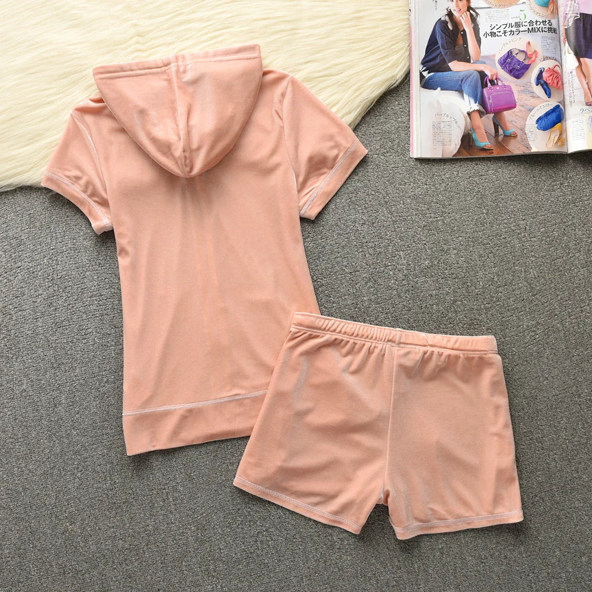 Velvet Velour Shorts Tracksuit Two Piece Sets Women Outfit Short Sleeve Top and Short Sets
