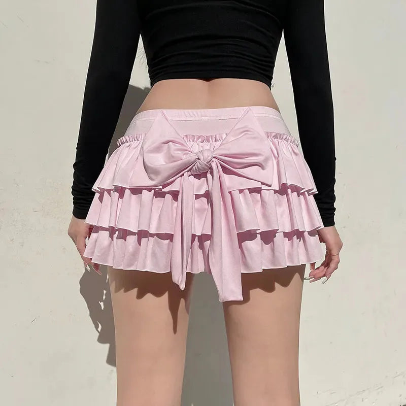 Ladles Bow Sweet A-Line Skirts Women Sexy Slim Low-Waist Mini Skirts