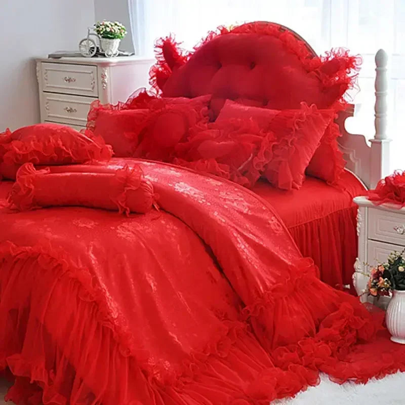 Pink Jacquard Satin Bedspread Bedding Set Luxury Princess Wedding Bed Set Lace Ruffle Duvet Cover Bed Skirt Pillowcases Cotton
