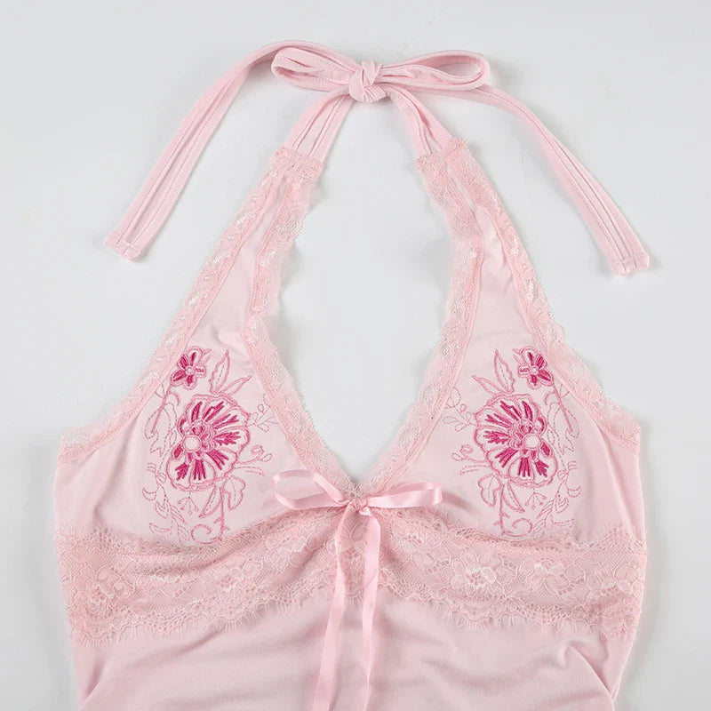 Sweet Embroidery Lace Trim Halter Tops Holiday Deep V-Neck Sleeveless Tank Tops