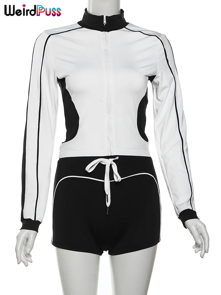 Casual Sporty 2 Piece Set Women Fall Trend Zip Hipster Patchwork Crop Jacket+Shorts Matching Classic Tracksuit Outfits