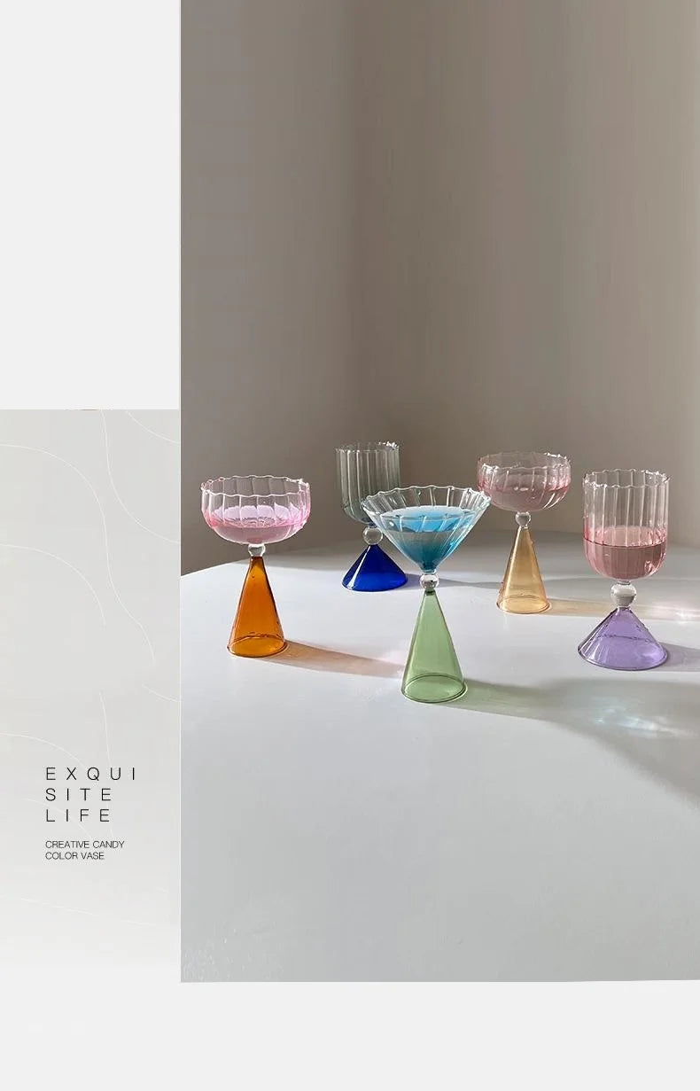 Clear Two Tone Green Blue Amber Purple Colored Ripple Style Martini Mojito Champagne Margarita Cocktail Glasses Goblet Cup