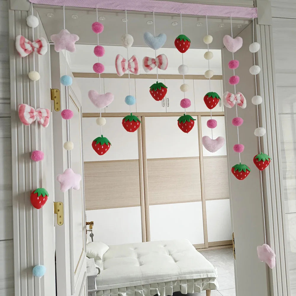 Pink Kawaii Doorway Curtains Plush Strawberry Ball Door Curtain Pendant Melody Bedroom Partition Window Valance Decor Christmas