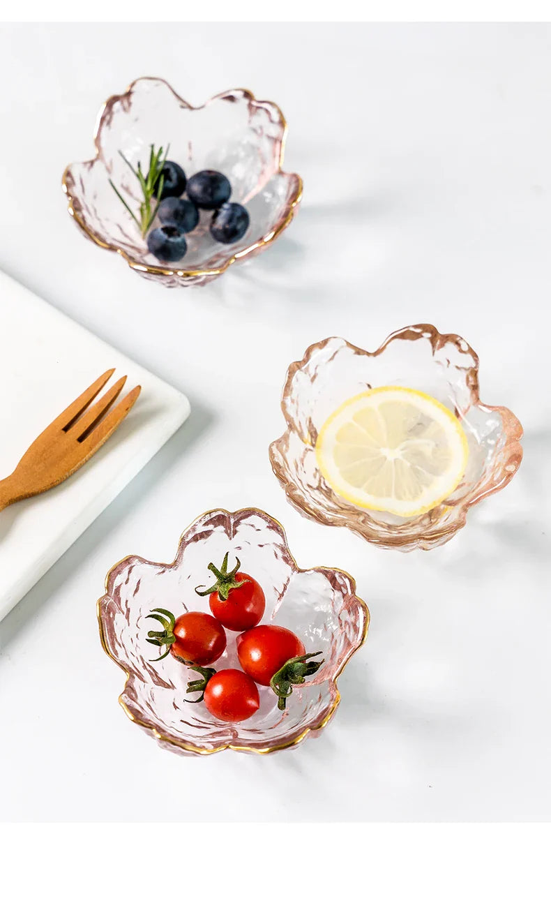 Cherry Blossom Sauce Dishes Small Glass Dish Sauce Bowl Nodic Gold Inlay Ice Cream Small Dinner Plates Kitchen Supplies 3pcs