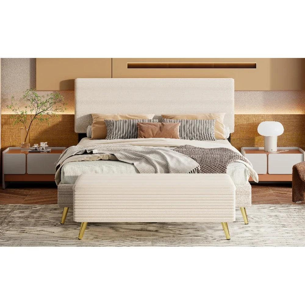 Pink 2 Pieces Bedroom Sets Queen Size Upholstered Bed Frame, Modern Corduroy Storage Ottoman