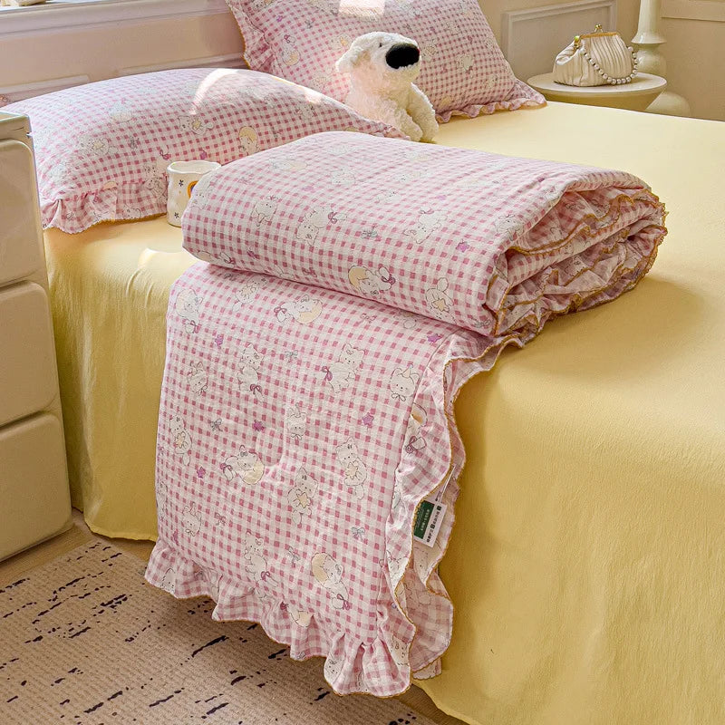 Korean Quilt with Lace and Ruffle Pure Cotton Patchwork Comforter for Summer Skin-Friendly Breathable Cooling Blanket for Home