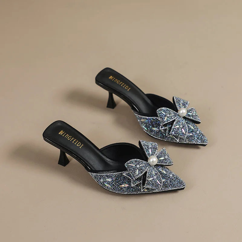 Ladies Glitter Low Butterfly-Knot Slippers Casual Jelly Thin Pointed Luxury Fashion Kitten Heels