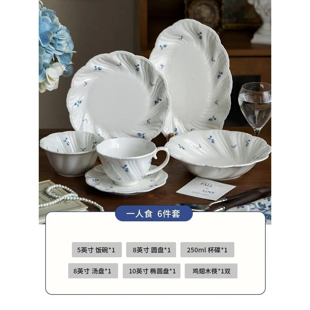 Ceramic Floral Bowl Dish Set Oval Plate New French Medieval High-end Cup Dish Set