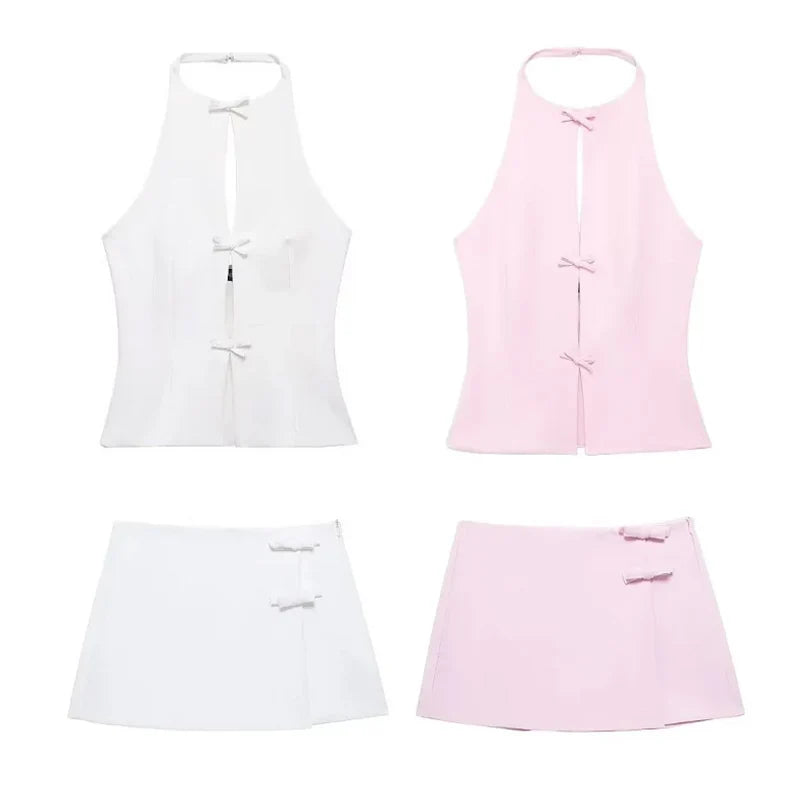 Lady Bow Two Piece Set Backless Halter Women Top And Mid Waist Skirt - New In Summer Fashion Casual Office Lady Set