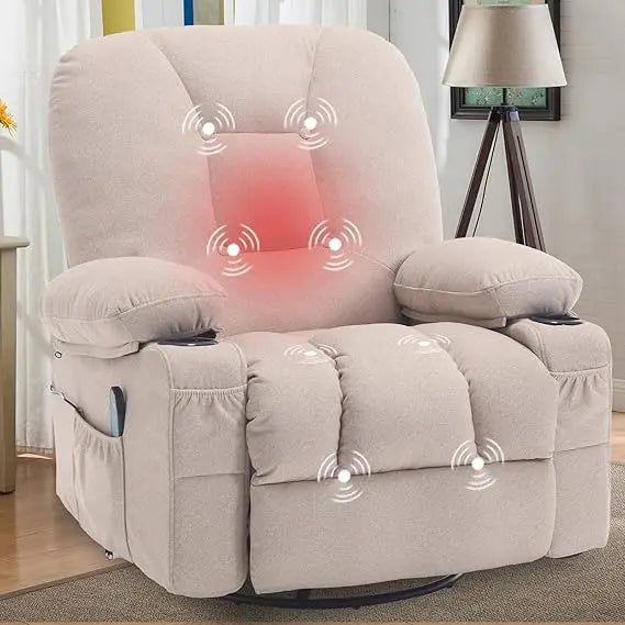 Recliner Chairs for Adults, Rocker Recliners with Massage and Heat, Overstuffed Fabric Swivel Glider with Cup Holder Side