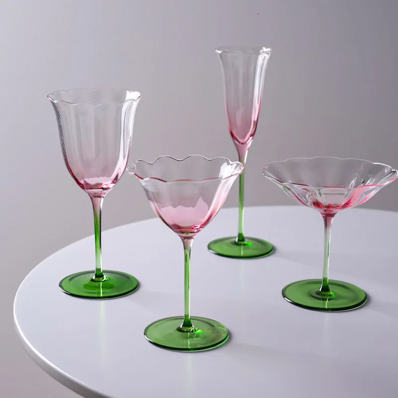 Light Luxury Vintage Flower Red Wine Tall Glass Crystal Glass Pink Green Champagne Glass
