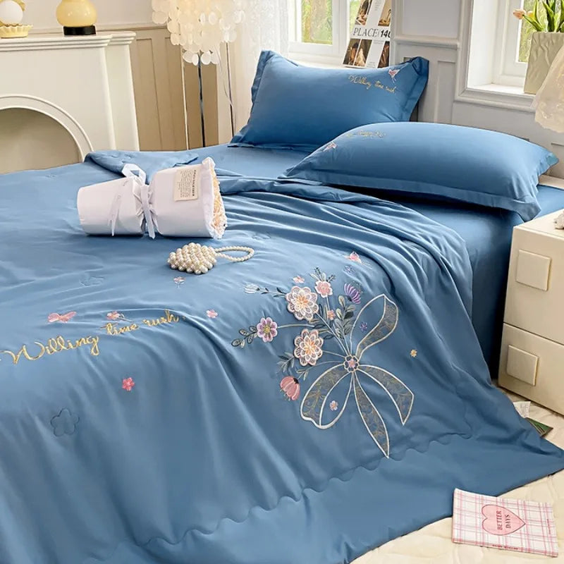 Super Soft Washed Cotton Three-Dimensional Flower Embroidered Summer Quilt Four-Piece Set