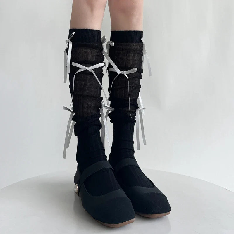 Sweet Lolita Style Stockings Students Fashion Basic Bowknot Knee-high Socks Cotton Fabric Women Mid-calf Sock