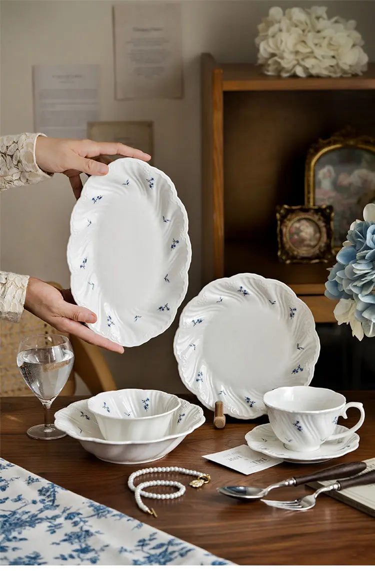 Ceramic Floral Bowl Dish Set Oval Plate New French Medieval High-end Cup Dish Set