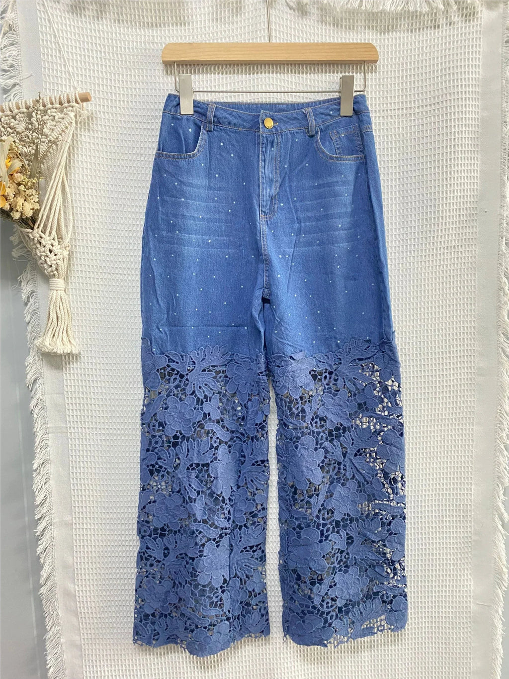 Women High Waist Lace Patchwork Pantalones Hollow Out Oversized Spring Casual Loose All Match Pants