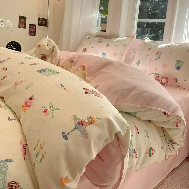 Cute Girls Bedding Sets Soft Flat Sheet Duvet Cover Pillowcase Polyester Bed Linen Twin Queen Full Size Quilt Cover Set