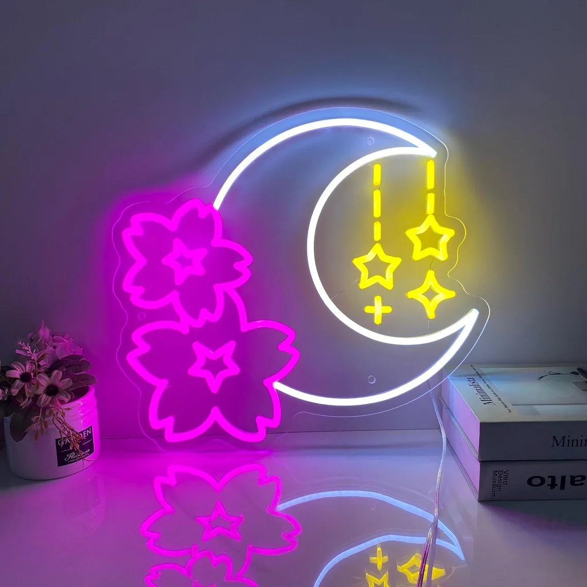 Sakura and Moon Neon Sign, Cherry Blossom