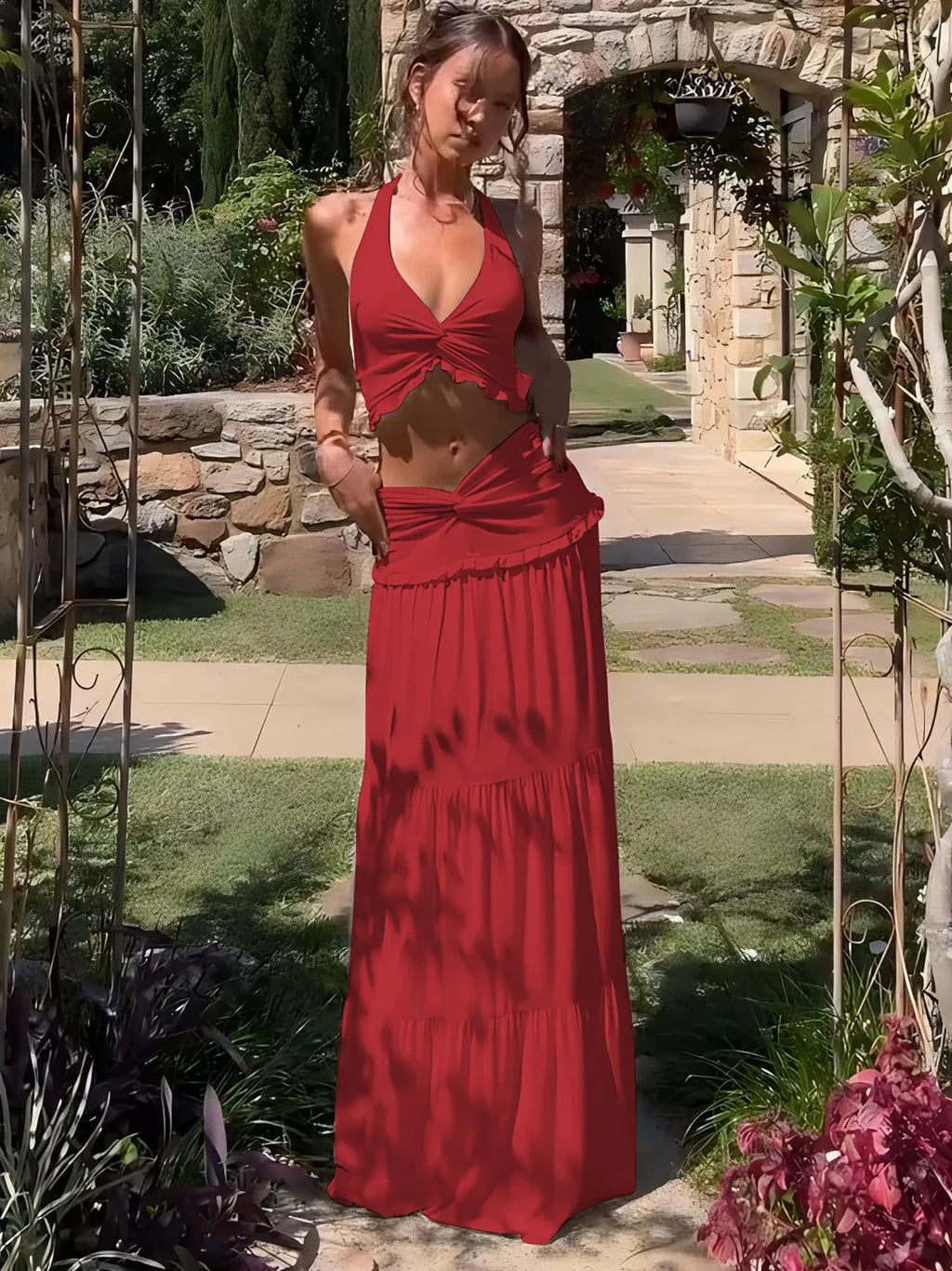 Sexy Elegant Ruched 2 Piece Skirt Set Lace Up Ruffles Patchwork Crop Top Tiered Maxi Skirt Matching Set