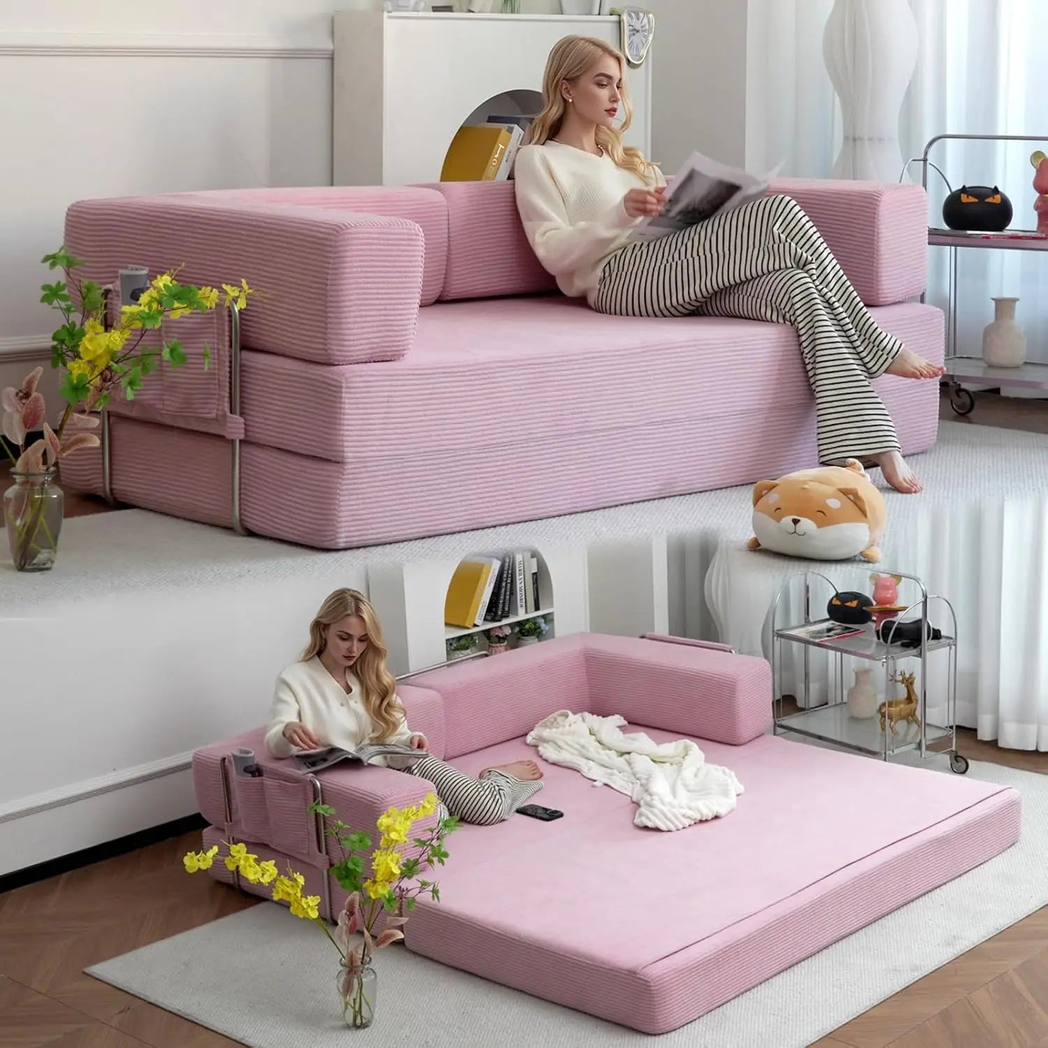 Combination Modular Sofa Living Room Folding Sofa Bed Convertable Corduroy Couch Floor Sleeper 4-in-1 Comfy Foldable Lazy