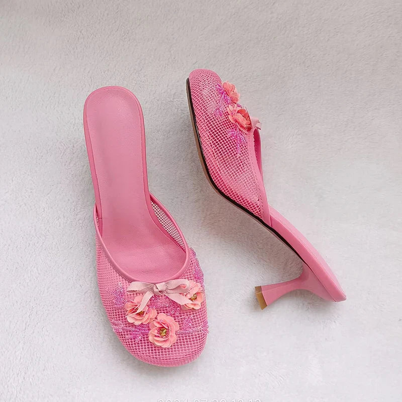 Summer Mesh Flower Beads Women Slides Sexy Thin Heel Sandals