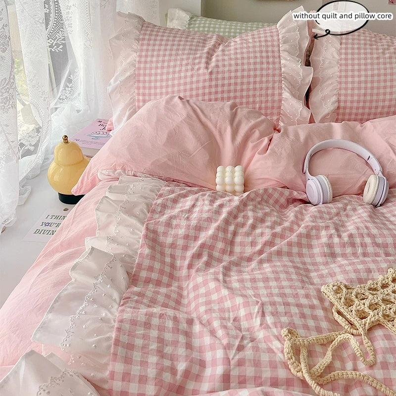 Plaid 3pcs Printed Bedding Set Lace Duvet Cover And 2pcs Pillowcases (no padding)