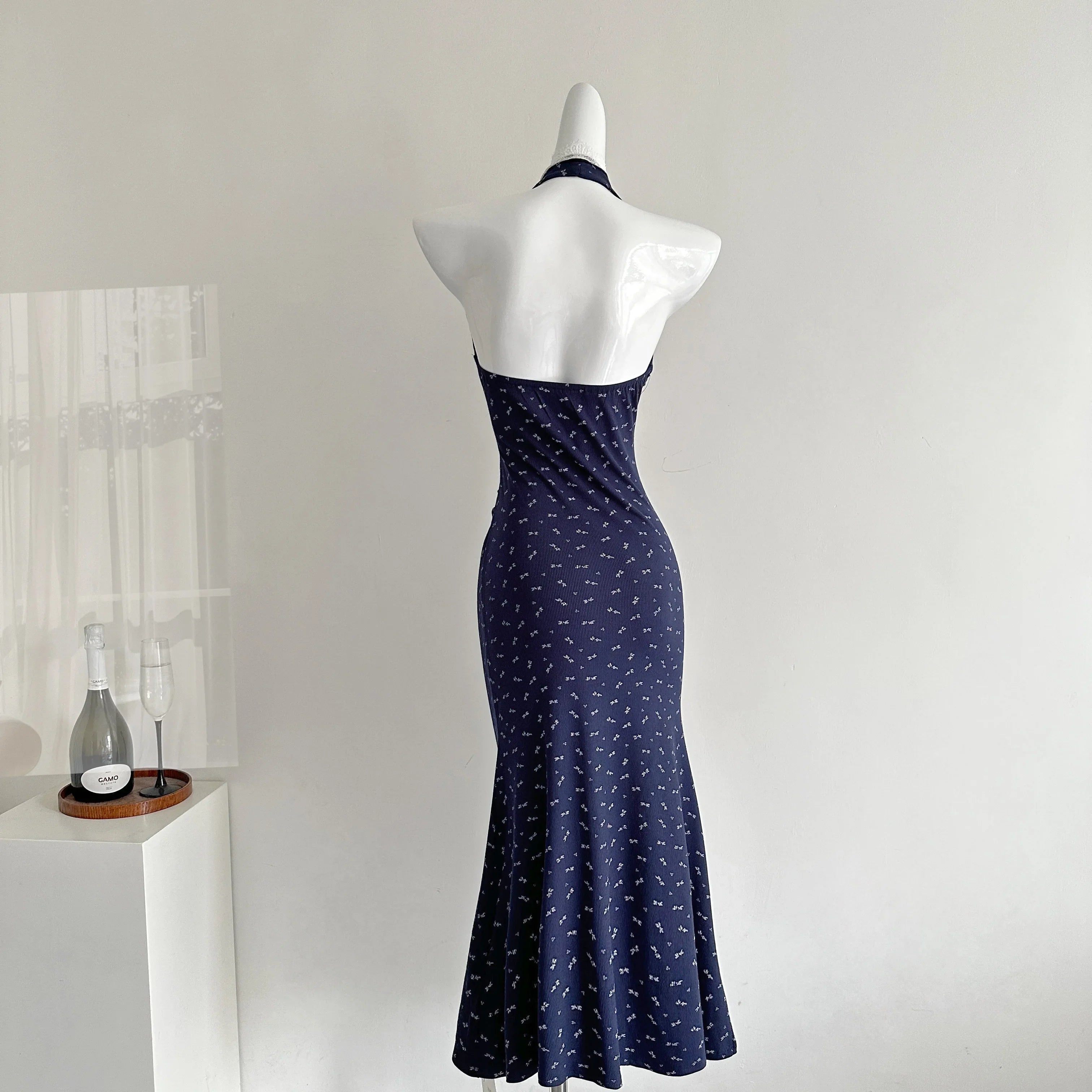 Women Stylish Maxi Trumpet Mermaid Halter Dress Backless One-Piece Dress