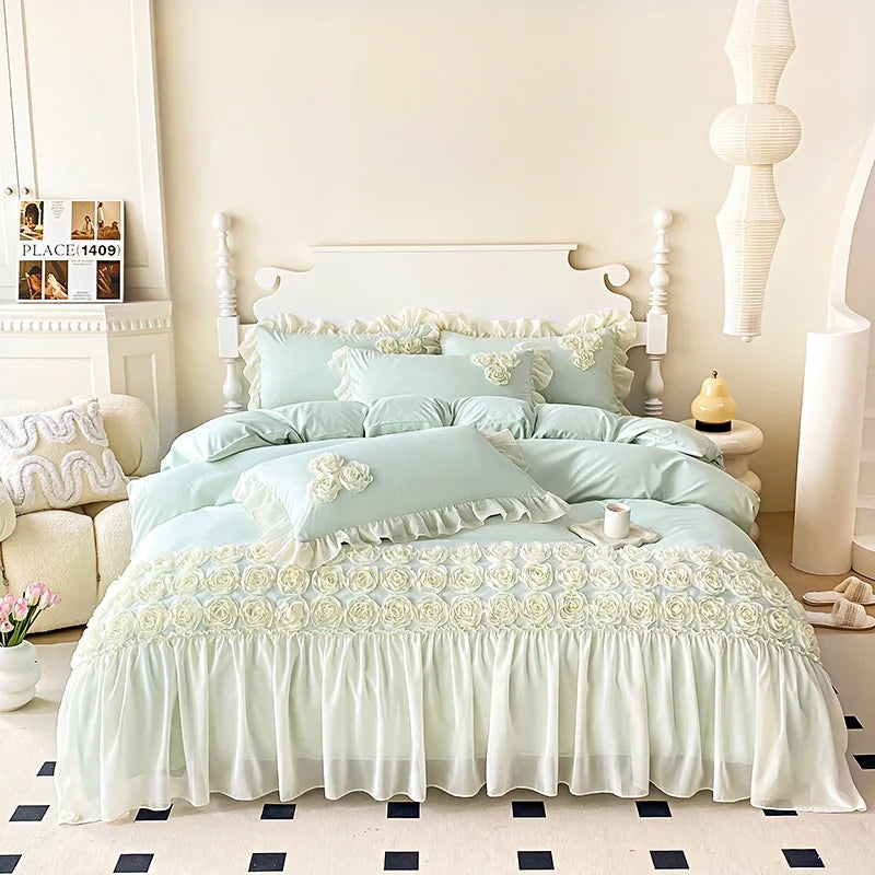 Soft Three-dimensional Flowers Embroidery Lace Ruffles Princess Bedding Set Duvet Cover With Pillowcases