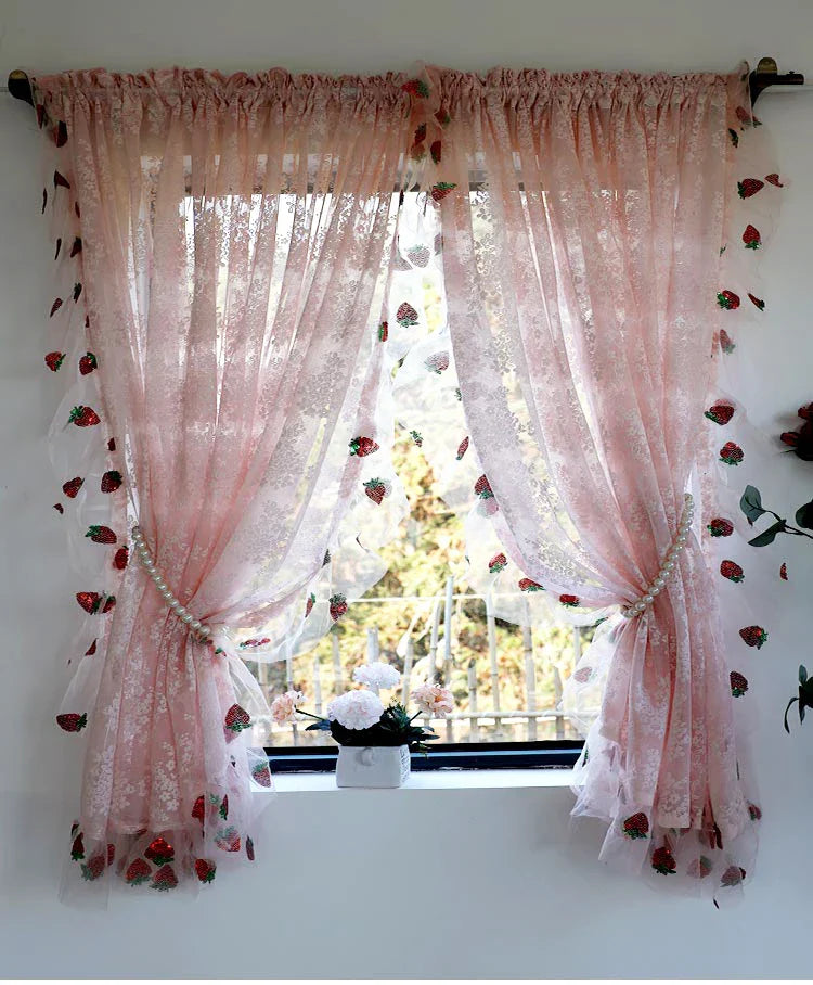 French Pink Lace Cute Strawberry Sequin Lace Curtains