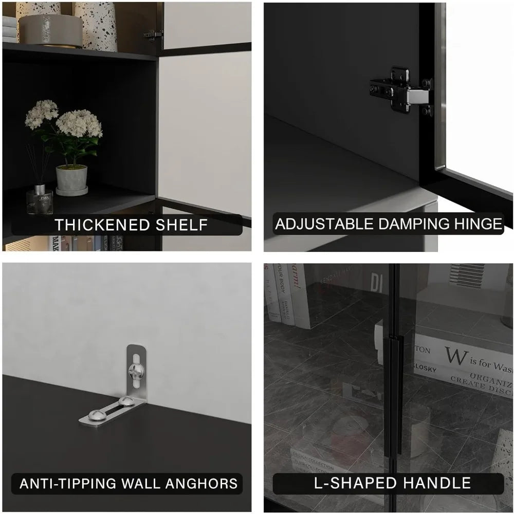 Glass Doors Display Cabinet with Lights and Shelves, Storage Cabinets Morden Bookcase Trophy Case Display Cabinet with Hutch for