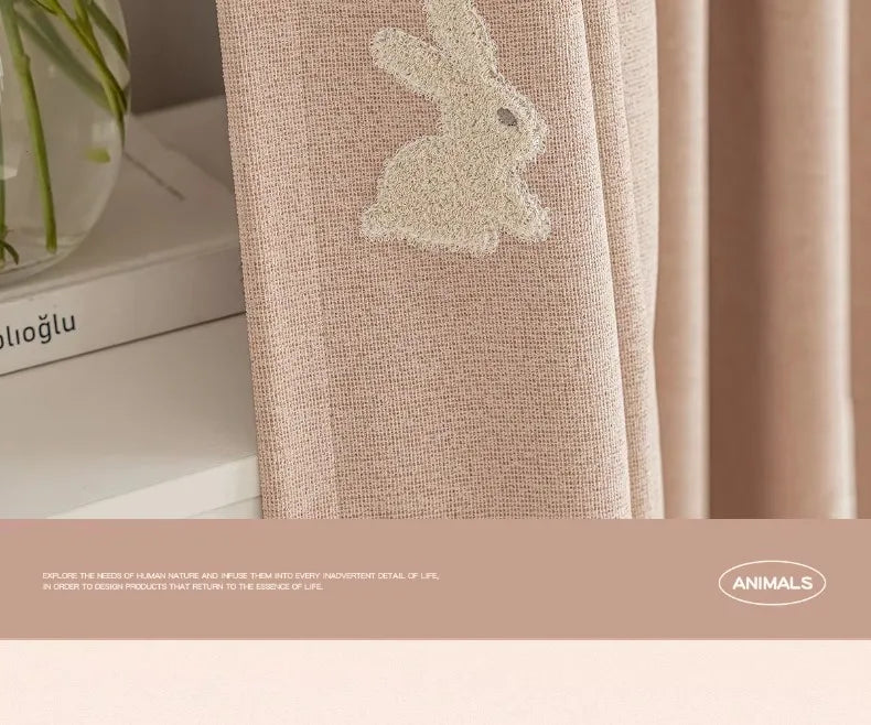Pink Cartoon 3D Embroidered Rabbit Blackout Curtains for Living Room Bedroom Girls Room Sticky Chenille Drapes Home Decor