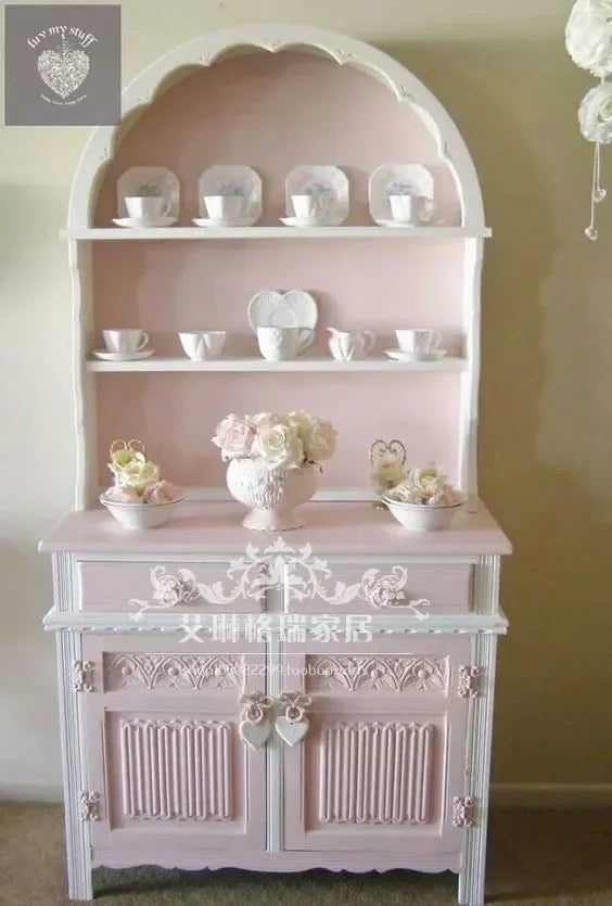 French Solid Wood Carving Flower Bookcase Dining Side Pink Princess Cabinet