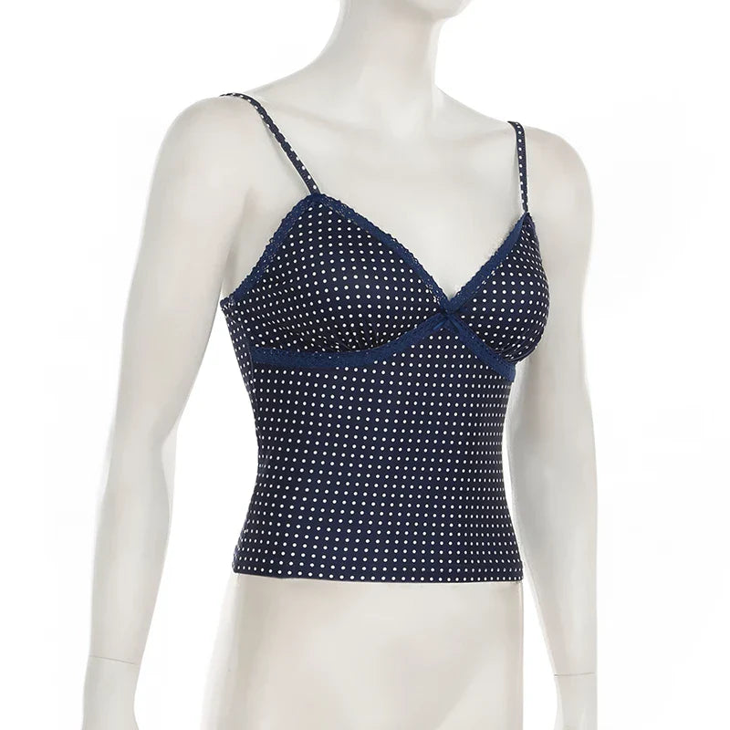 Y2K Polka Dot Crop Top Casual Lace Stitching Sleeveless Skinny Strap Tops Women Basic Camisole Streetwear Tees Aesthetic