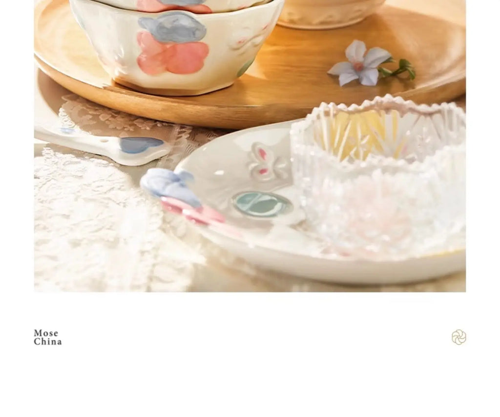 Cute Pattern Ceramic Plates Print Round Deep Tableware