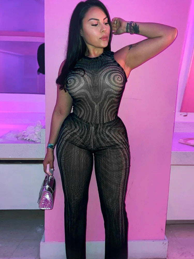 Geometric Print Patchwork 2 Piece Set Women o-Neck Skinny Bodysuit+Wide-leg Trousers Sexy Outfits