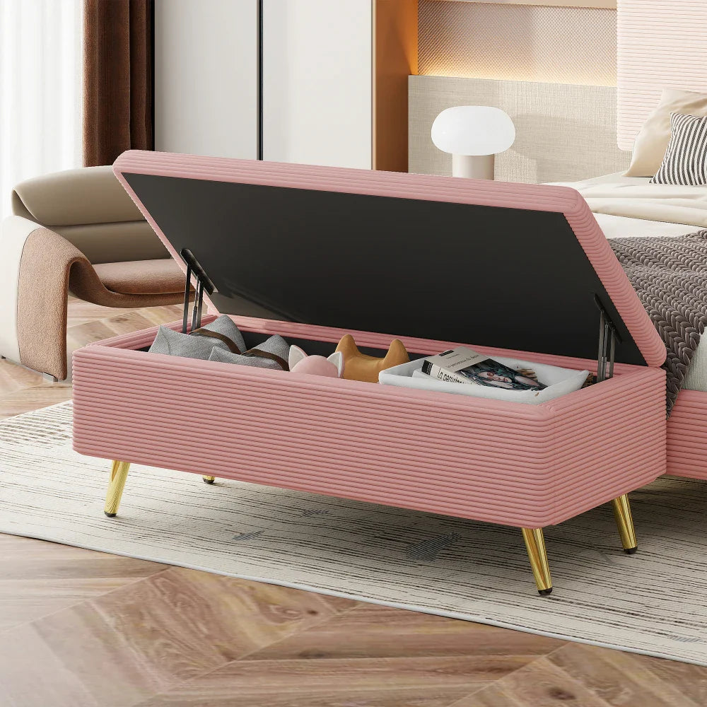 Pink 2 Pieces Bedroom Sets Queen Size Upholstered Bed Frame, Modern Corduroy Storage Ottoman