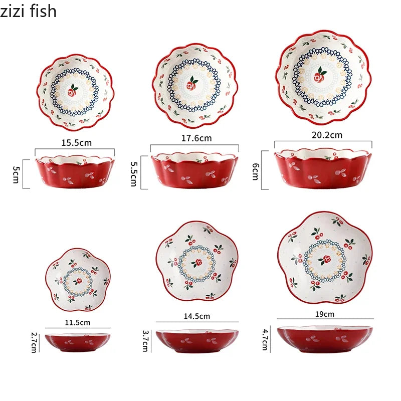 Cherry Ceramic Bowl Retro Vegetable Salad Bowl Fruit Bowl Steamed Egg Bowls Dessert Snack Bowls Restaurant Ceramic Tableware