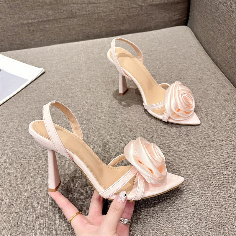 Fashion Silk Rose Flowers Pointed Open Toe Back Strap Women High Heels