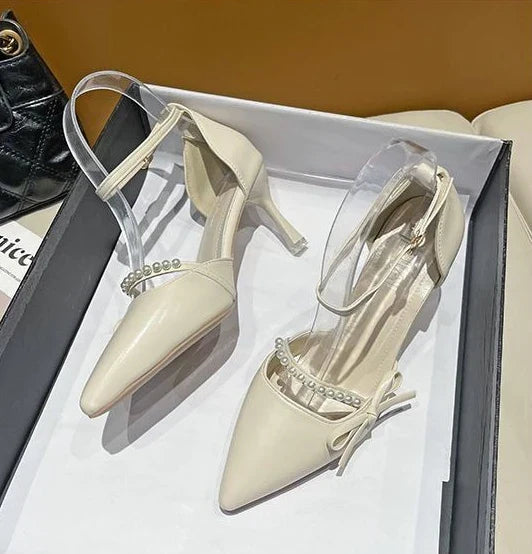 Women Pearl Pumps Heeled Pointed Toe with Side Bowknot