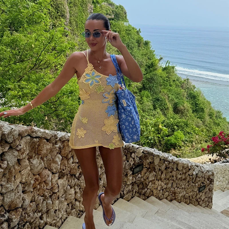 Sexy Beach Women's Set Beading Flower Crochet Crop Top Slim Maxi Skirt Female Suit Summer Hollow Out Knit Lady Dress Sets