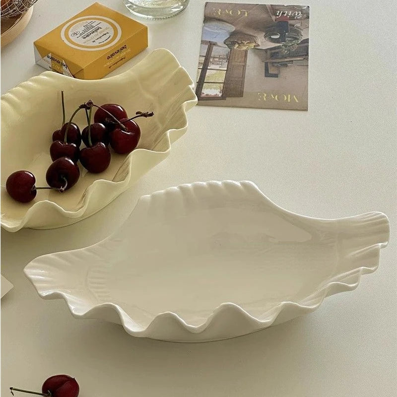 French Vintage Relief Ceramic Big Shell Shaped Dish