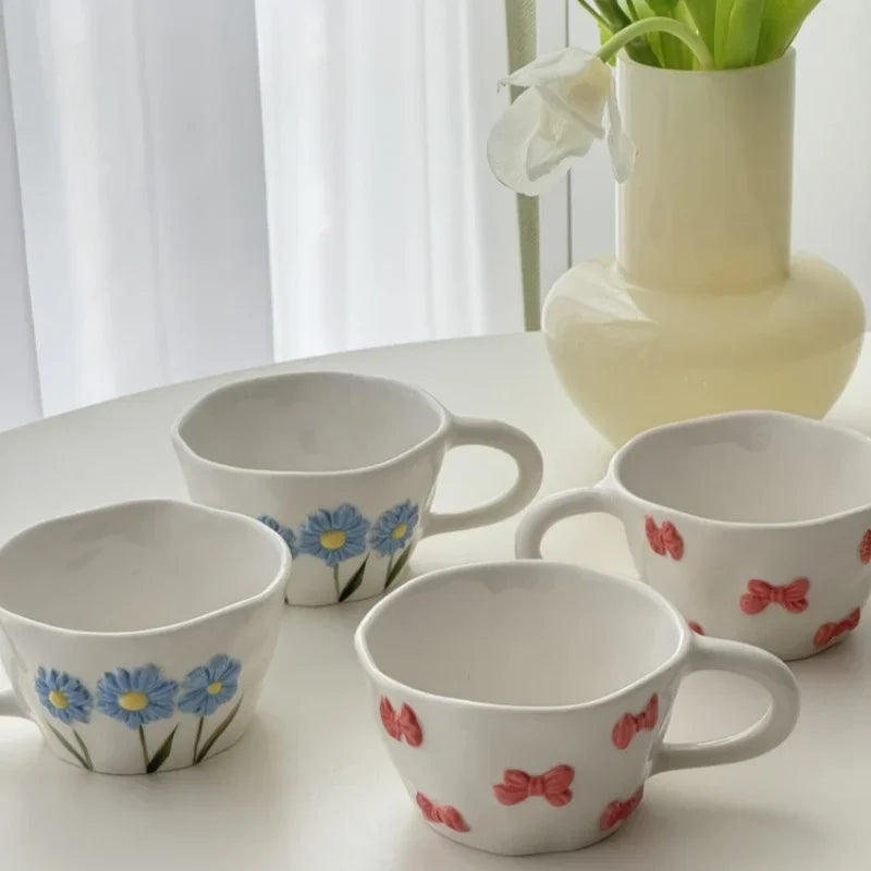 Hand Pinched Irregular Ceramic Hand-drawn Daisy Milk Tea Cup Pink Bow
